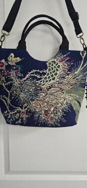 BLACK EMBROIDERED AND SEQUIN PEACOCK HANDBAG